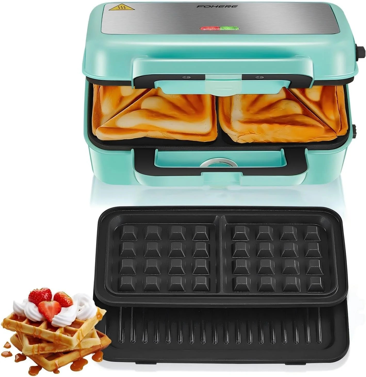 3-i-1-sandwichjärn, 1200W våffeljärn/kontaktgrill/smörgåsbrödrost, 5 temperaturinställningar, non-stick-plattor, värmeisolerande handtag, diskmaskinssäker, LED-lampor, blå(bule)