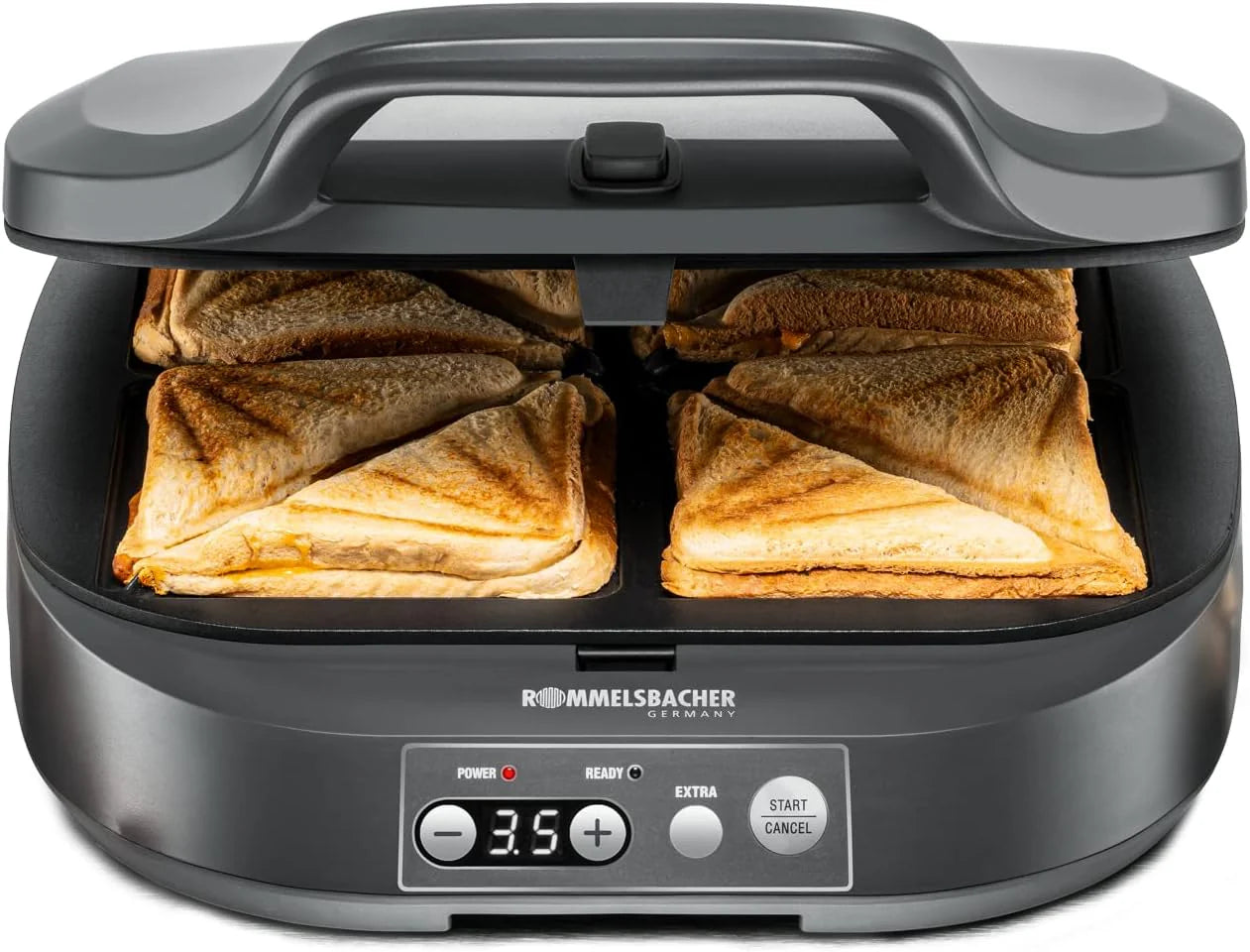 ROMMELSBACHER Smörgåsgrill ST 1800, 4 XL-smörgåsar, non-stick-beläggning, 15 minuters timer, automatisk avstängning, svalt hölje, 1800 watt, skiffergrå