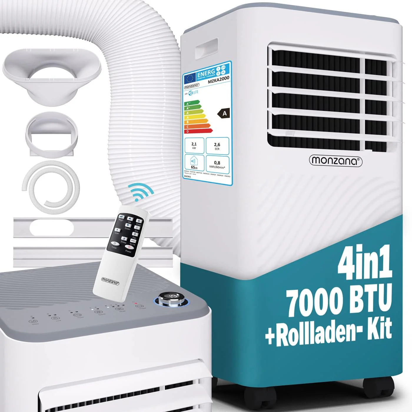 Monzana® lokale Klimaanlage MZKA2000 Mobil Abluftschlauch 7000BTU 3in1 750W 24h Timer 25qm Fernbedienung Luftentfeuchter Rollladenkit Klimagerät(7000 BTU)