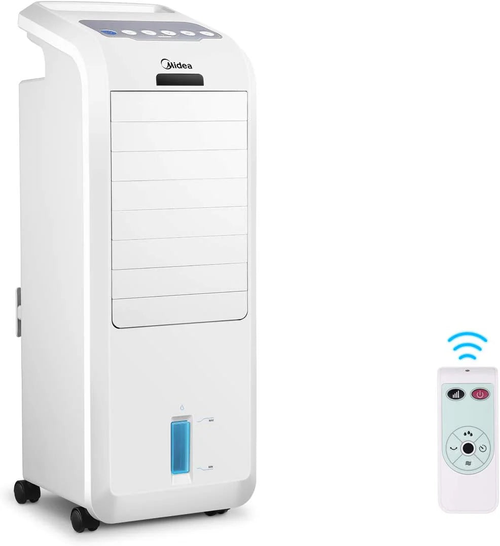 Midea Luftkühler mit Wasserkühlung, Klimaanlage Mobil, Ventilator mit 5L Wasserkühlung, Luftbefeuchter und Ionisation, Klimaanlage Ohne Abluftschlauch, 355m³/h, Ventilator mit Fernbedienung,55W,Weiß(AC100-16BR)