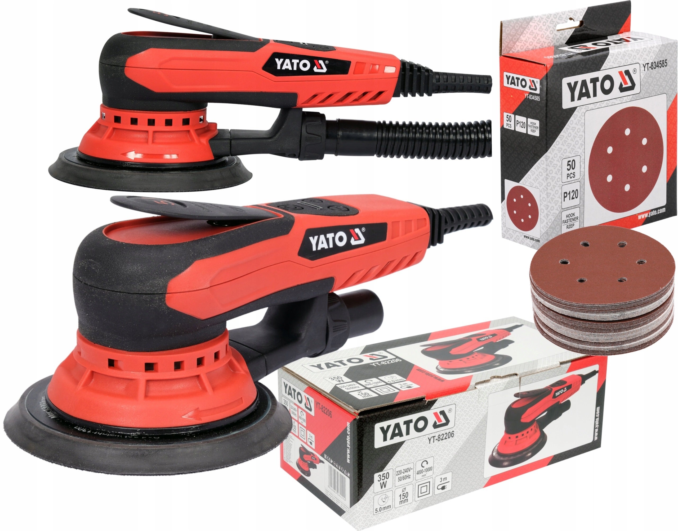 SZLIFIERKA ORBITALNA 150MM 350W Z REGULACJĄ OBROTÓW +KRĄŻKI P120 50sz. YATO