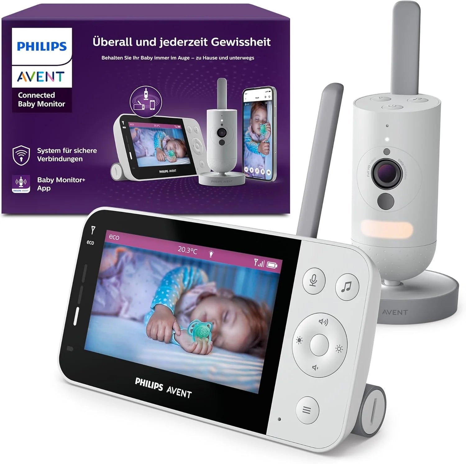 PHILIPS Avent Connected Videophone mit WLAN, hochwertiger HD-Kamera, Infrarot-Nachtsichtfunktion, Schrei-Erkennung, Gegensprechfunktion, 12 Stunden Bildschirmlaufzeit im Eco-Modus, Modell SCD951/26(SCD951/26)