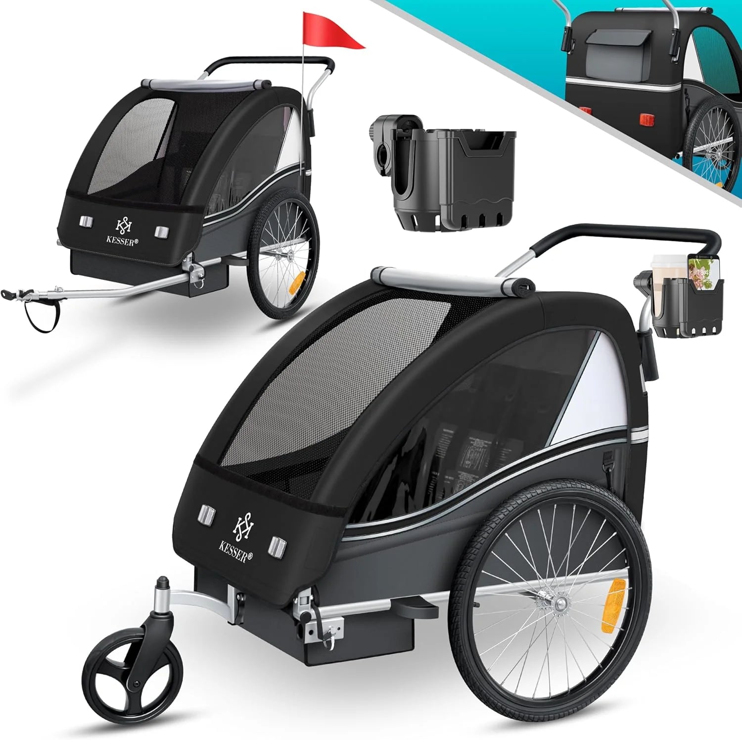 KESSER® Przyczepka rowerowa dla dzieci Sport-RX 2w1 z funkcją jazdy Przyczepka rowerowa dla dzieci + 5-punktowy pas bezpieczeństwa 360°(Czarny)