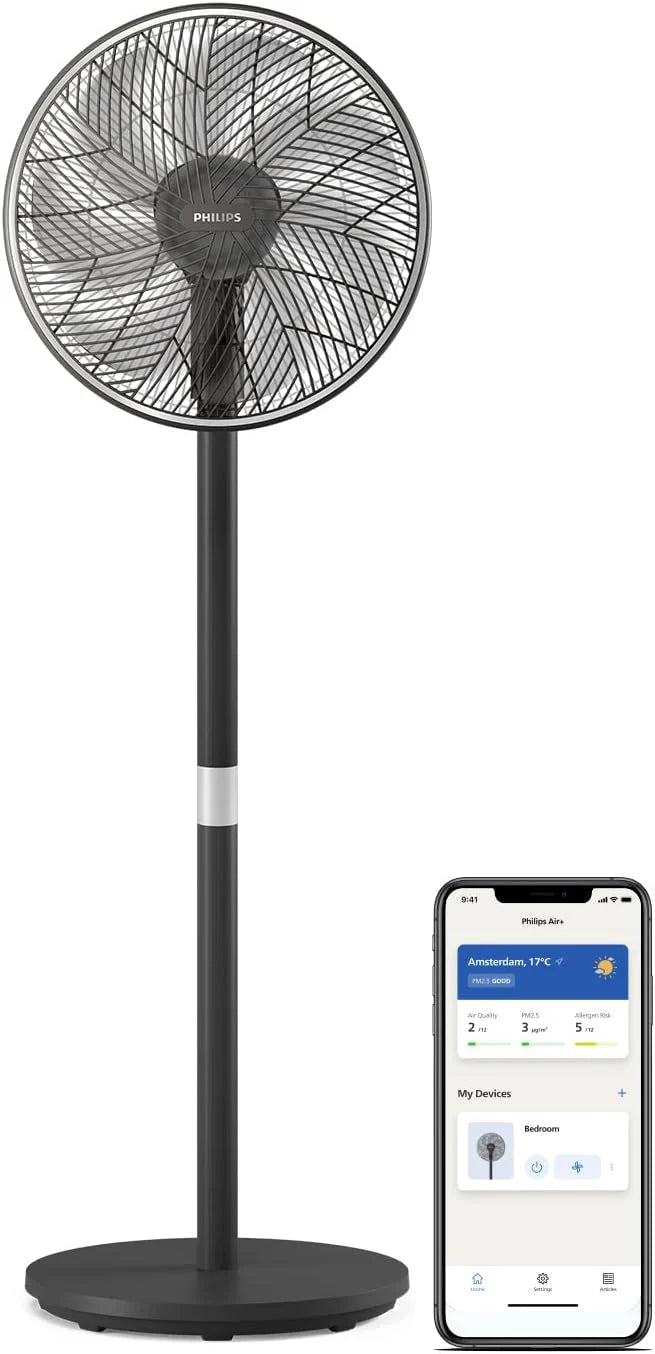 Philips Smart golvfläkt Series 3000. Kraftfull och ultratyst med SilentWings-teknik. 19 dB. 2-i-1 bords- och stativfläkt. Lutningsbar och roterande. Appstyrning. Timer på 12 timmar. Svart (CX3550/01)(blackone/Pedestal Fan)