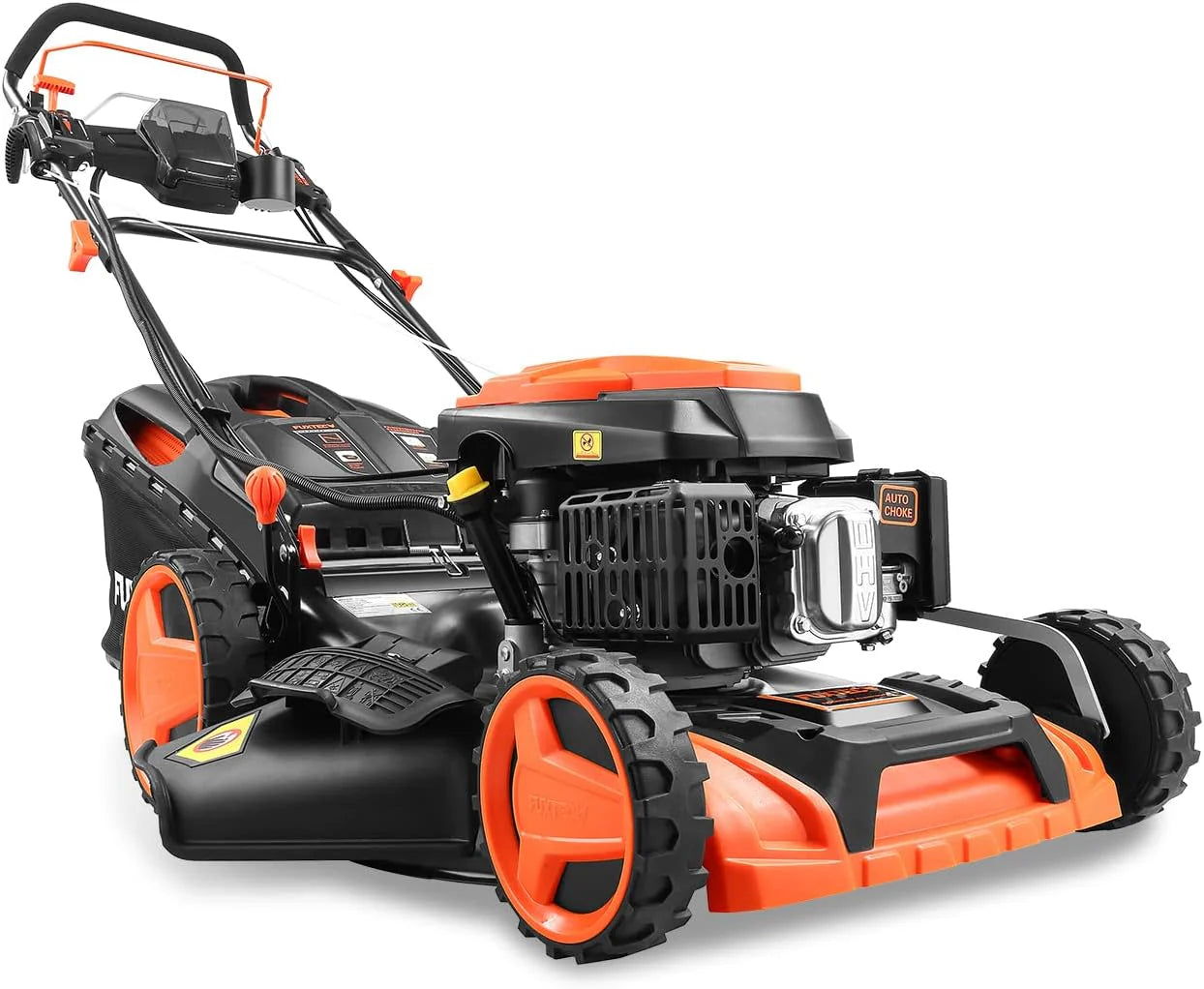 FUXTEC 4in1 Benzin Rasenmäher FX-RM5196eSPRO mit E-Start und regulierbarem Selbstantrieb, Gartenmäher inkl. Frontstoßstange, 51 cm Schnittbreite, kugelgelagerte Big Wheel Räder, 60L Grasfangkorb(FlexSpeed  E-START)