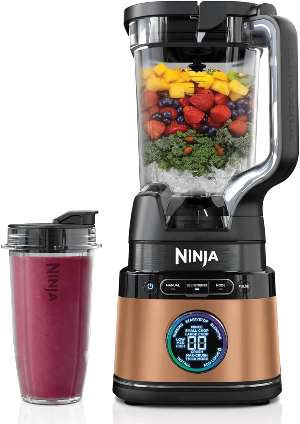 Ninja 2-i-1 Detect Power Mixer Pro och Single Portion, 1200W mixer med 2L kanna, 2 x 680 ml bägare, Mixa smoothies, Hacka grönsaker och mixa frysta drycker, Svart, TB301EU(2-in-1 Mixer Copper/Black  Copper)