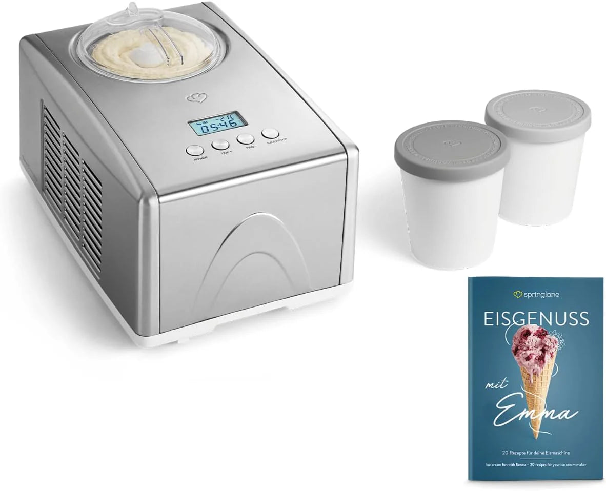 SPRINGLANE Glassmaskin Emma 1,5 L med självkylande kompressor 150 W, Tillverkad av rostfritt stål med uttagbar isbehållare, inkl. receptbok (silver, ismaskin)(silver,/Eismaschine + 2 Aufbewahrungsbehälter Grau)