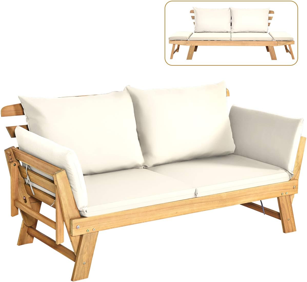 COSTWAY Ławka ogrodowa z funkcją leżenia, sofa ogrodowa z poduszkami i składanym podłokietnikiem, ławka balkonowa z drewna akacjowego, sofa balkonowa, sofa ogrodowa do ogrodu, na taras, balkon, 198 x(beżowy)