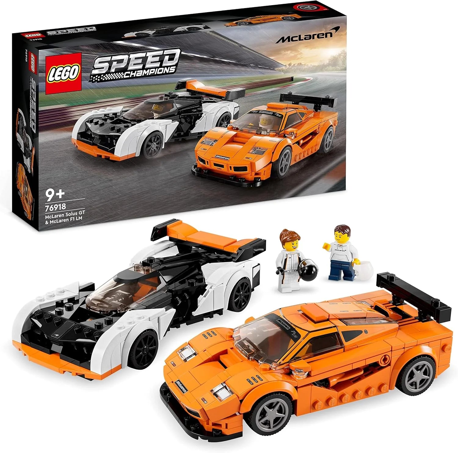 LEGO Speed Champions McLaren Solus GT  McLaren F1 LM bilbyggsats, autentisk modellbyggsats med två bilmodeller, leksaksbil med minifigur, racerbil, presentidé, från 9 år 76918