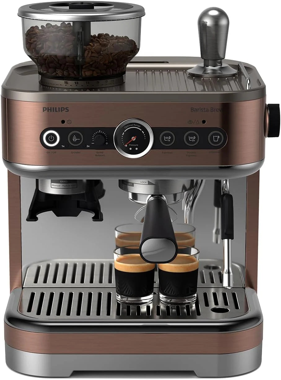 Philips Barista Brew Halbautomatische Espressomaschine - Einfacher  doppelter Espresso + Americano Taste, 250g Bohnenbehälter, Intuitive Führung, Kalibriertes Stampfen, Metall Silber (PSA3218/01)(Bohnenbehälter doppelt)