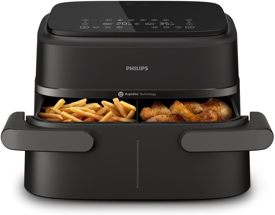 Philips Airfryer 5000 Serii Dual Basket z Technologią Air Steam oraz RapidAir Plus - pojemność 9L, 19 sposobów gotowania, 90% mniej tłuszczu, 2 kosze, czyszczenie parą, akcesoria (NA550/00)(7.2L)