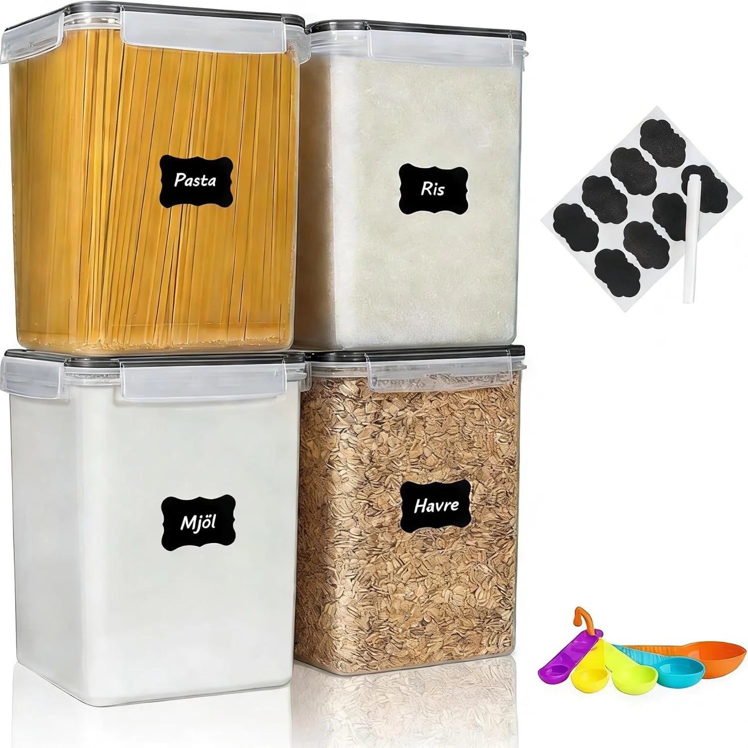 stusgo 42-pack förseglade förvaringsburkar med lock, genomskinliga plastburkar för förvaring av flingor, mjöl och socker(4 PACK(5.2L))