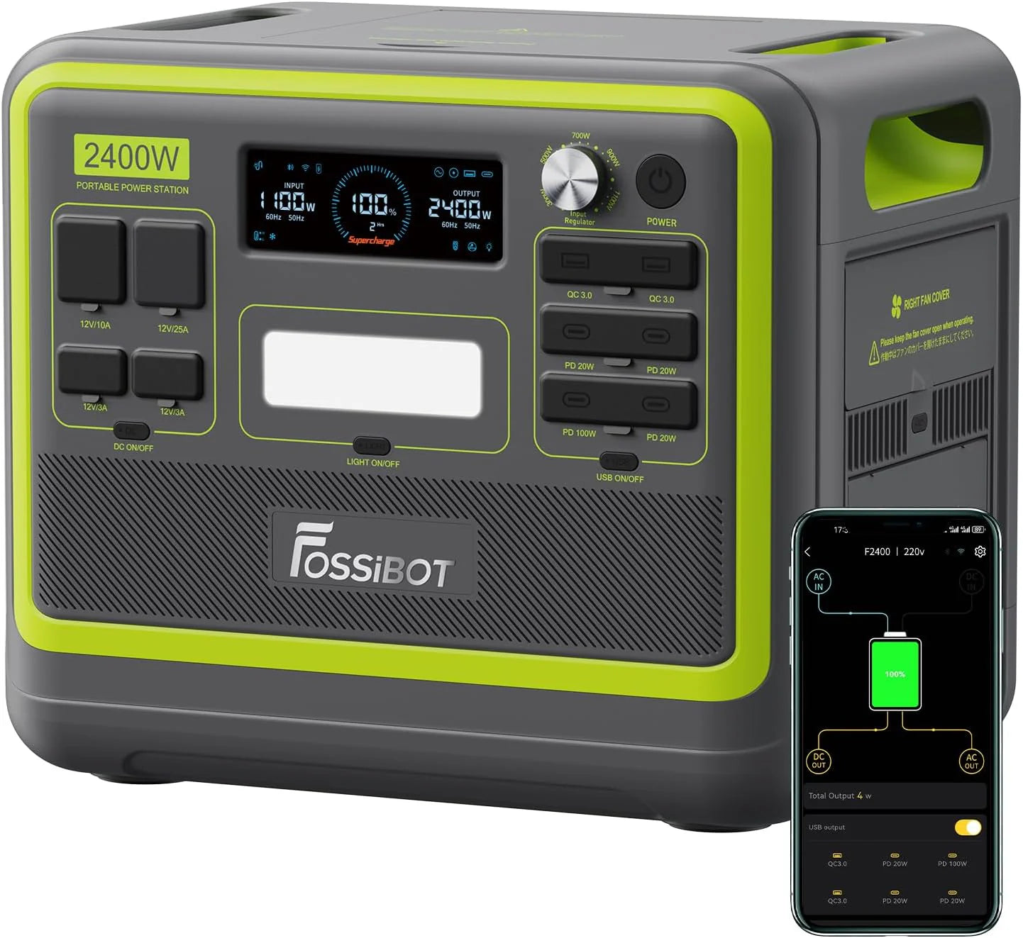 FOSSiBOT F2400 Generator solarny, 2048 Wh LiFePO4 akumulator zapasowy z wyjściami 24000 W AC (4600 W Peak)(F2400 Zielony)