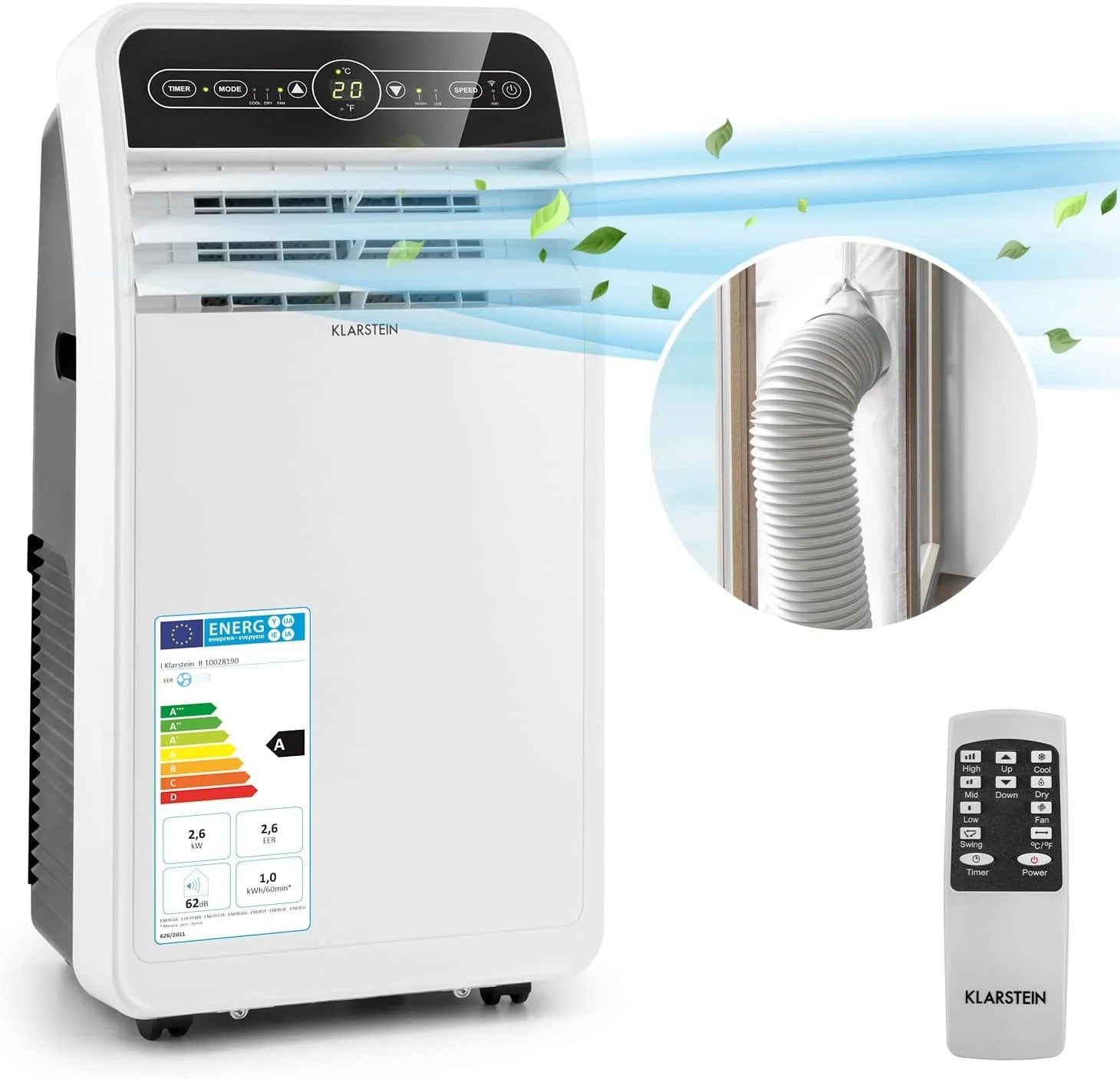 Klarstein Mobile Klimaanlage mit Abluftschlauch, 4-in-1 Klimagerät mit Ventilator, Luftentfeuchter  Nachtmodus, Kleine  Portable Klimaanlage für Wohnung  Büro, Niedriger Verbrauch, 9000 BTU(9000BTU/Weiß)