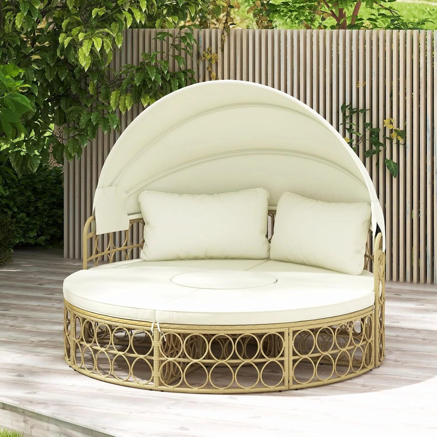GIANTEX Sofa rozkładana okrągła z wysuwaną markizą, 5-częściowy zestaw mebli ogrodowych PE modułowy leżak rattanowy, zestaw mebli ogrodowych 180 x 150 cm, na werandę, tył, basen, beżowy